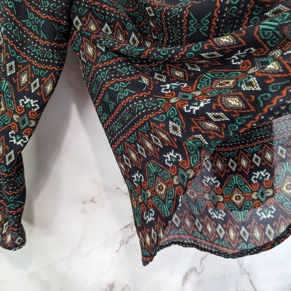 Mod Cloth Fun2Fun Blouse Women Medium Boho Tribal Navy Green Peasant Aztec Sheer - Picture 11 of 12